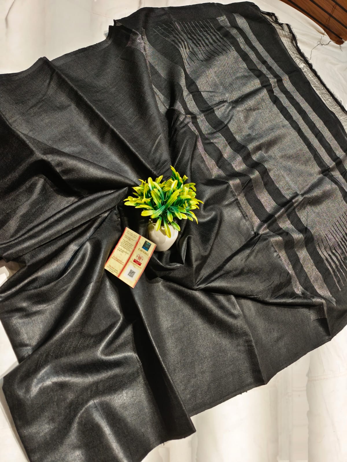 Pure raw silk all black color saree with blouse