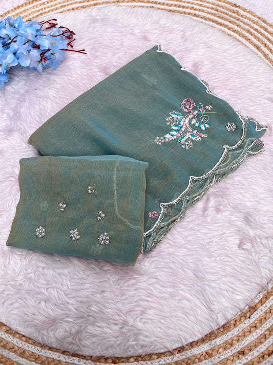 Beautiful khatli cut Dena Handwork along with all over arco bodar