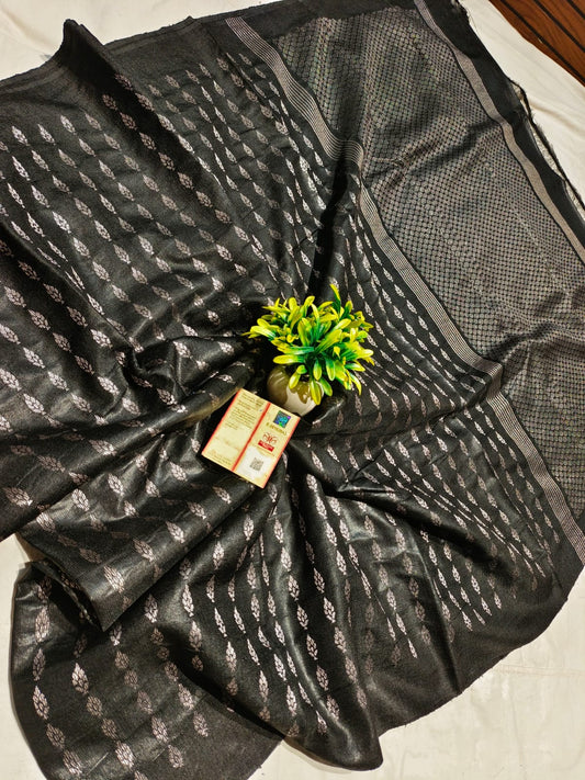 Pure raw silk all black color saree with blouse