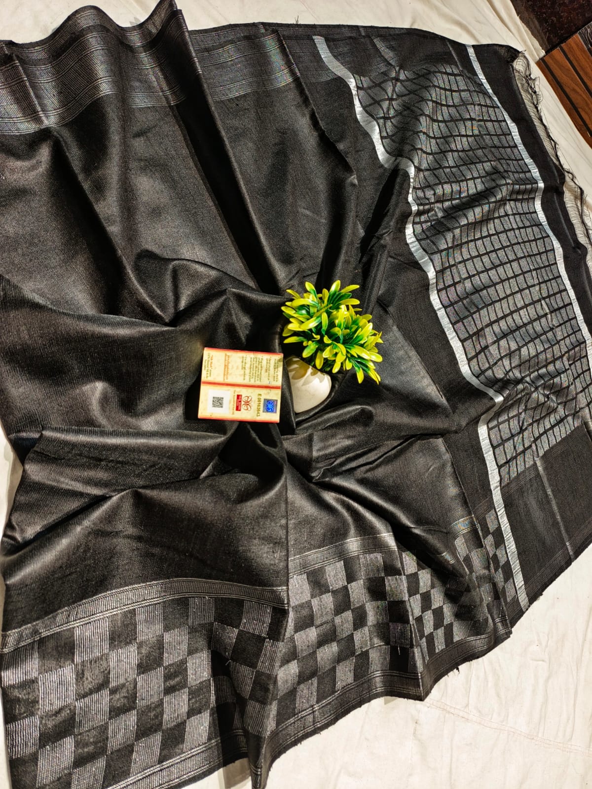 Pure raw silk all black color saree with blouse