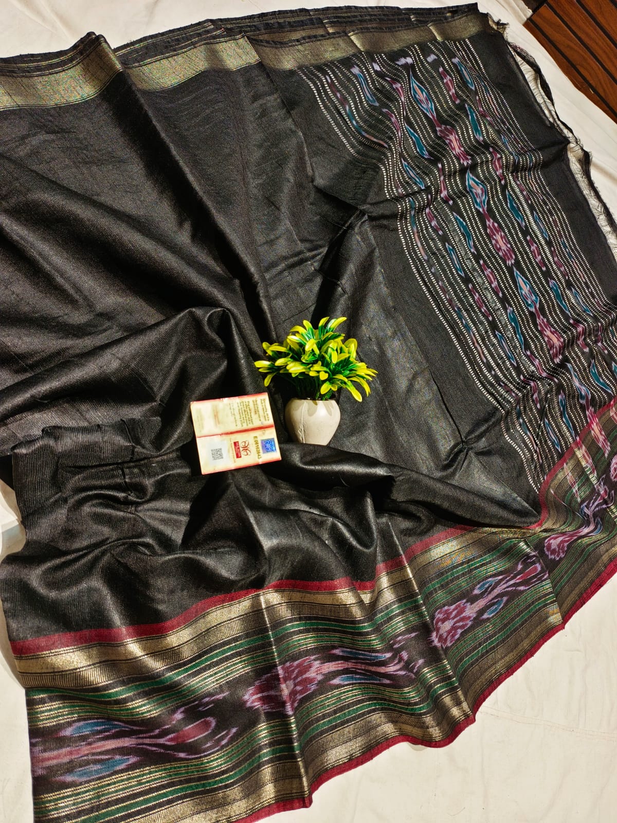 Pure raw silk all black color saree with blouse