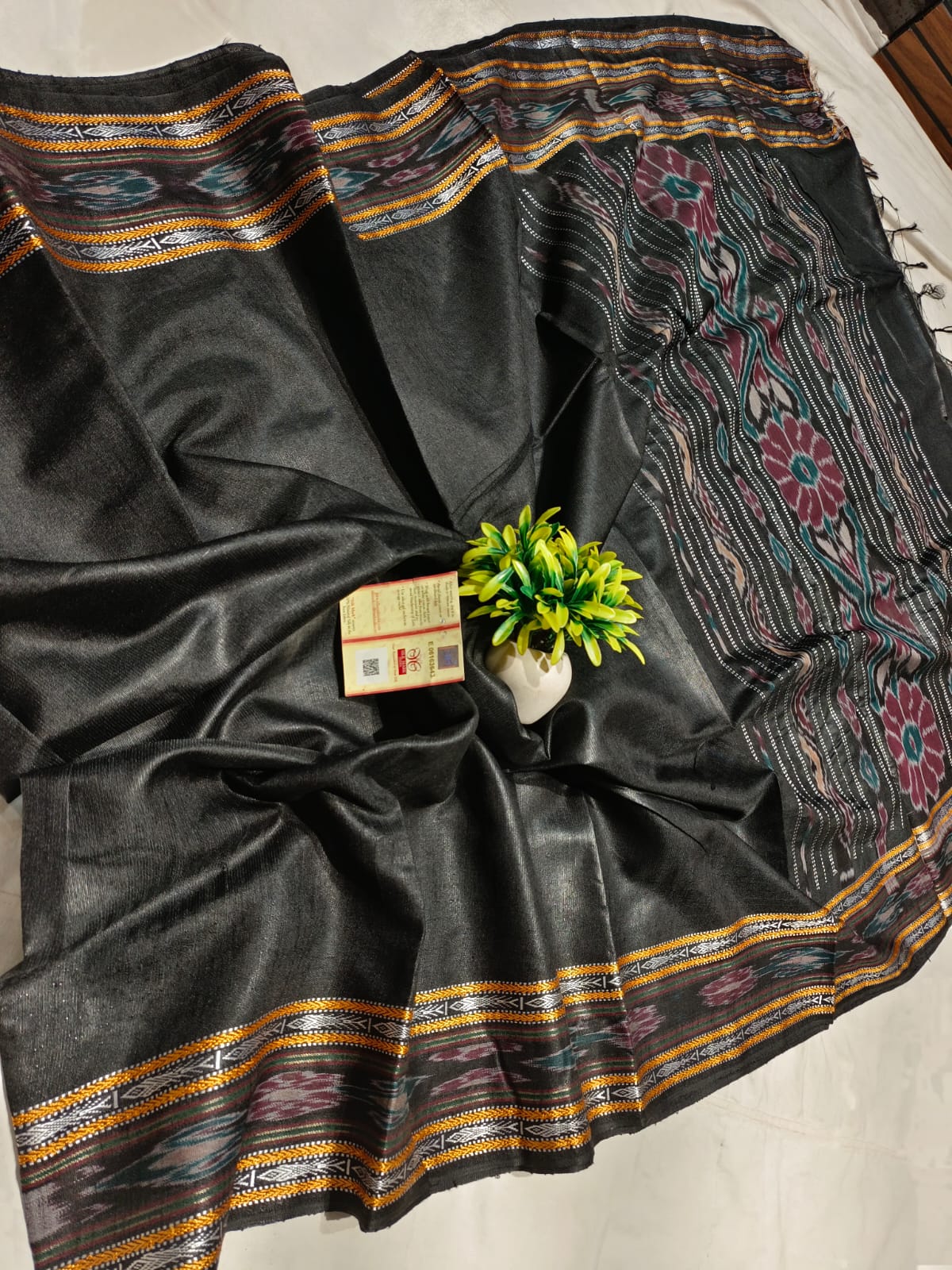 Pure raw silk all black color saree with blouse