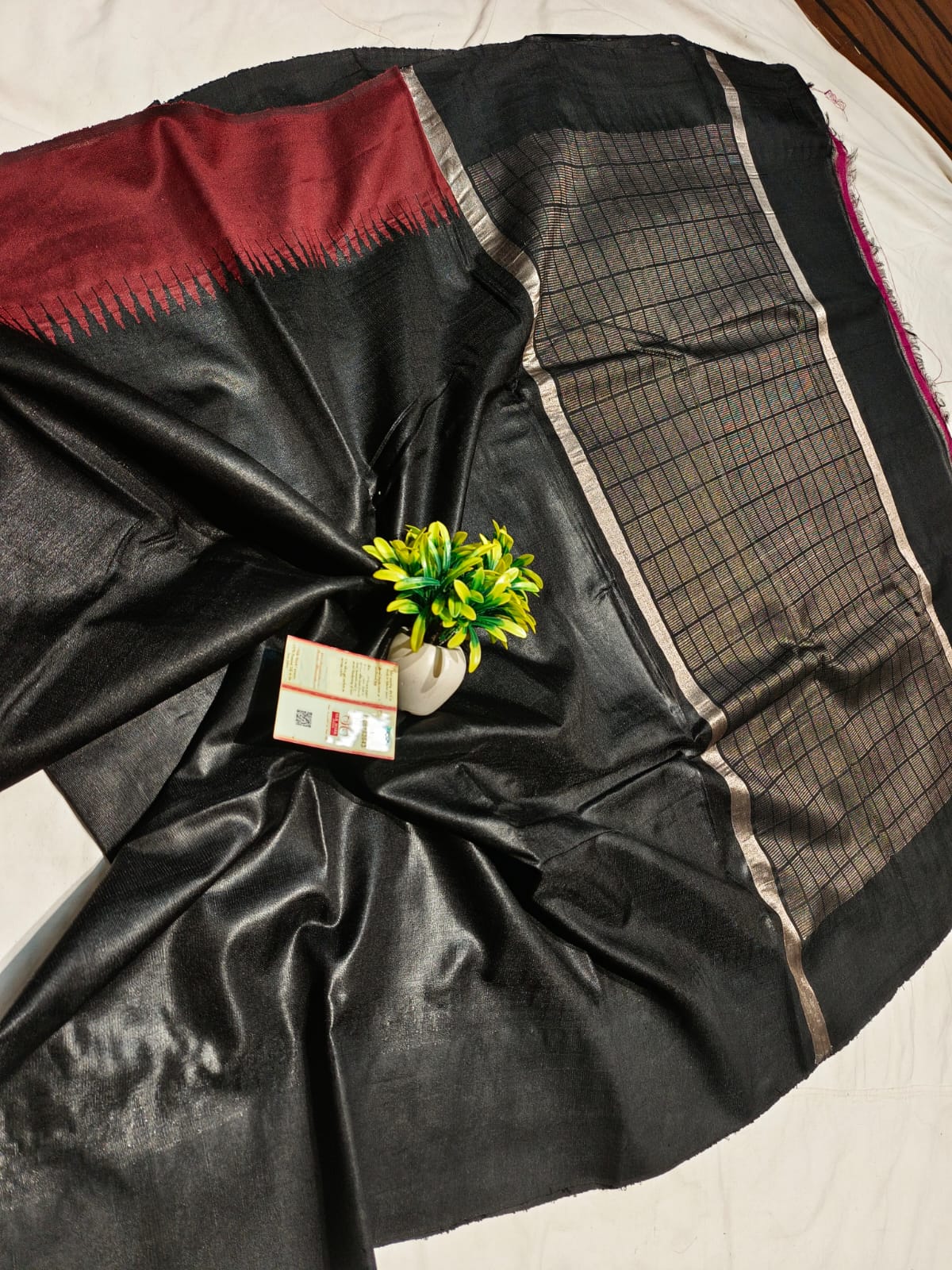 Pure raw silk all black color saree with blouse