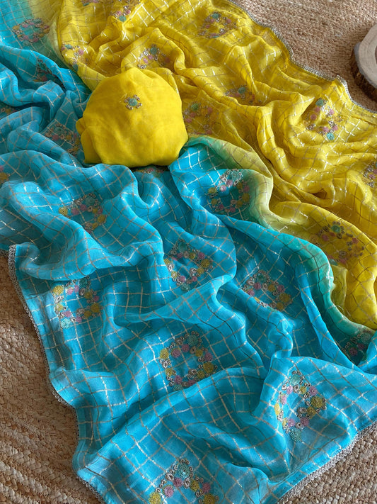 chiffon sarees with zari chex weaving pattern