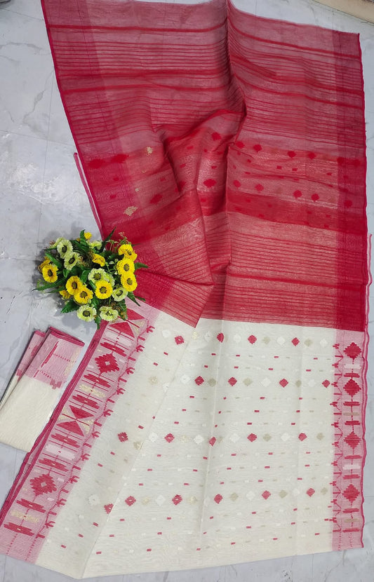 *New Red & White Colour B D Soft Dakhai Jamdani Saree*